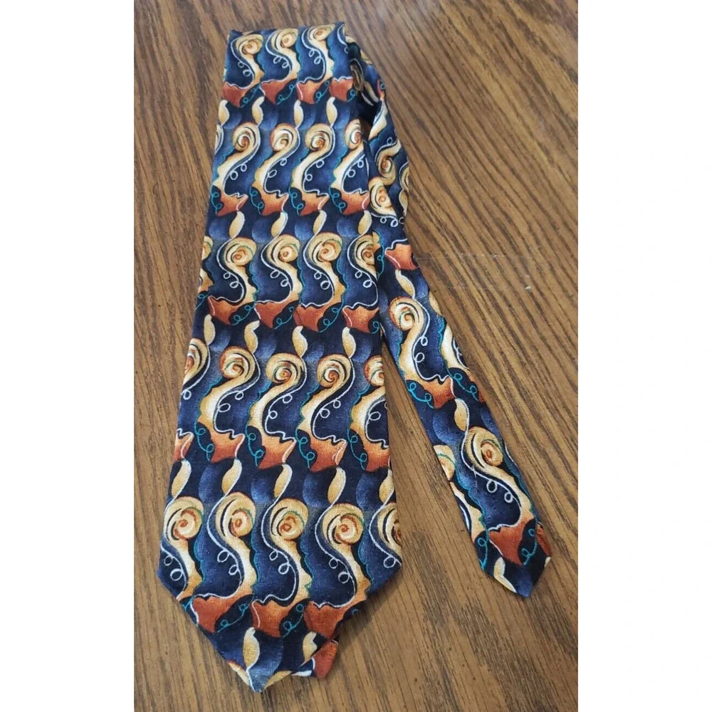 Jimmy V Abstract Blue and Gold Swirl Pattern Peggy Fleming Collection Necktie